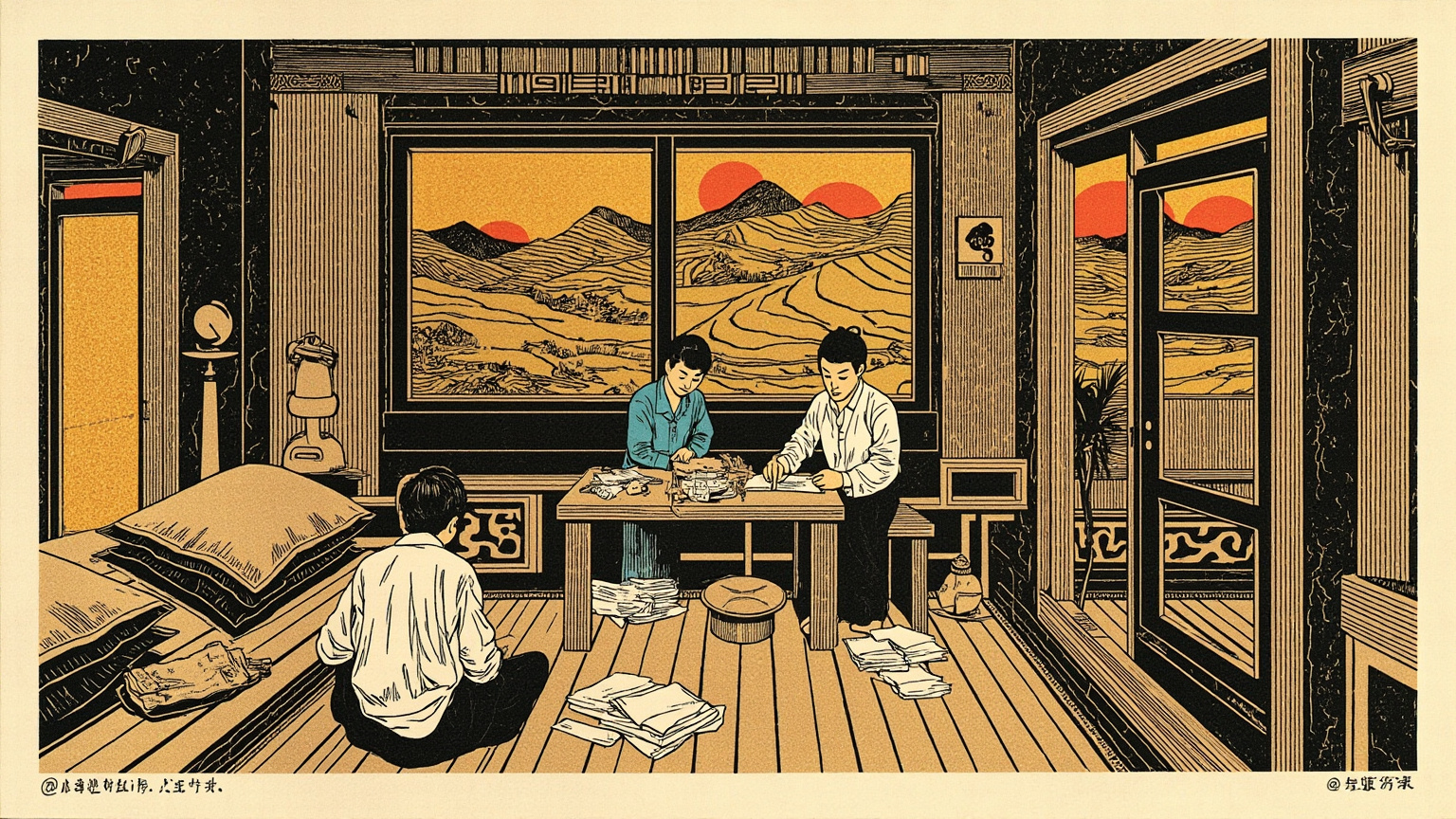 县城广播站的播音室里，一个穿白衬衫的青年和一个短发姑娘隔着桌上的稿件相视而笑，铁皮话筒和旧式电风扇在背景里