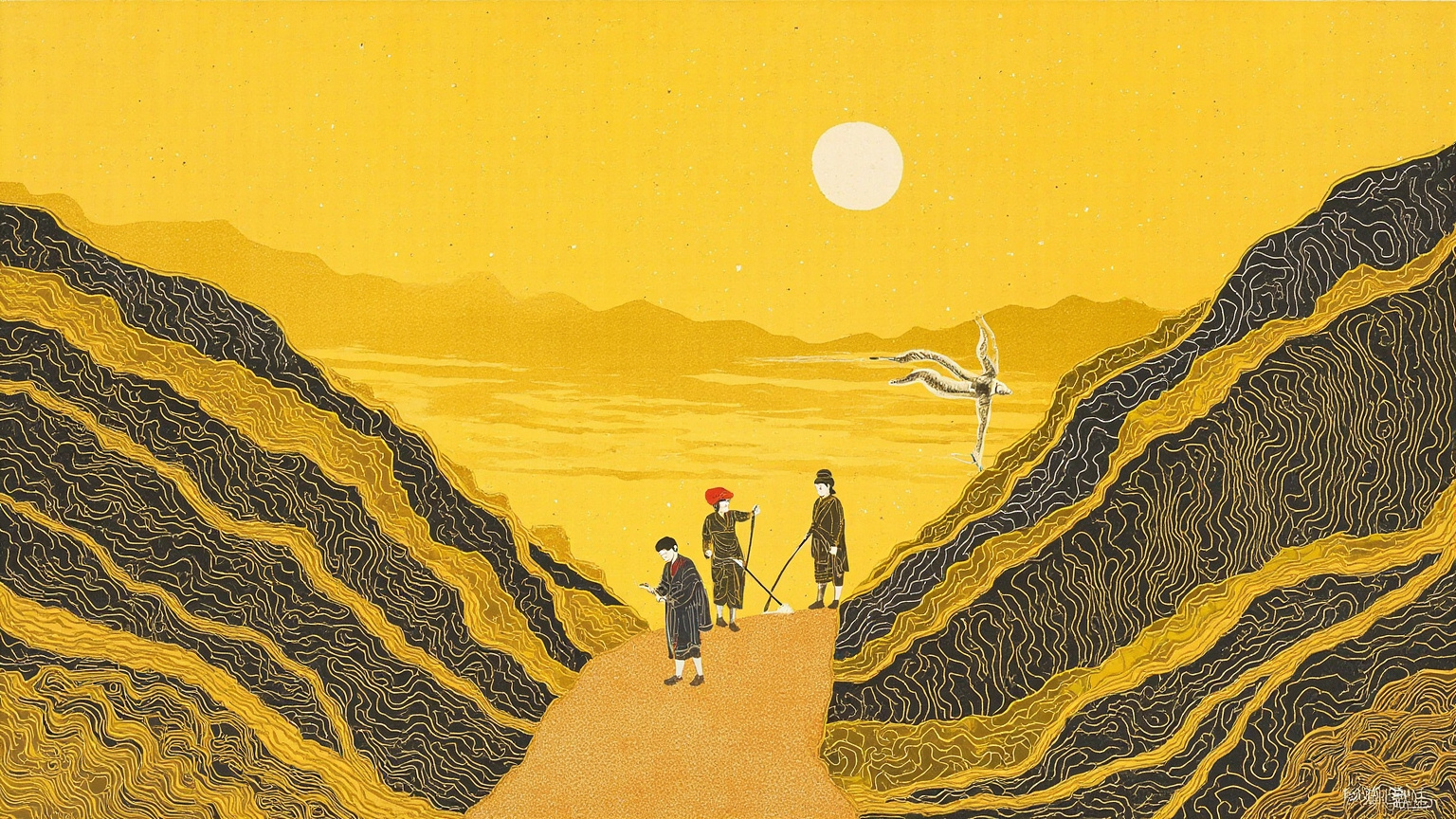 陕北塬上的黄土小路尽头，一支简朴的迎亲队伍远远走过，唢呐声被风拉得断断续续，新娘的红色盖头在黄色背景下小小一点