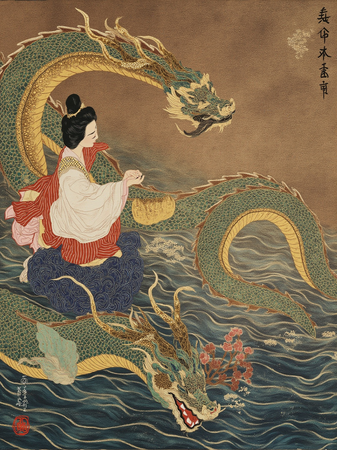 The dragon's son took a boat to the depths of the lake; in the palace below the waters, the king gave him his daughter.