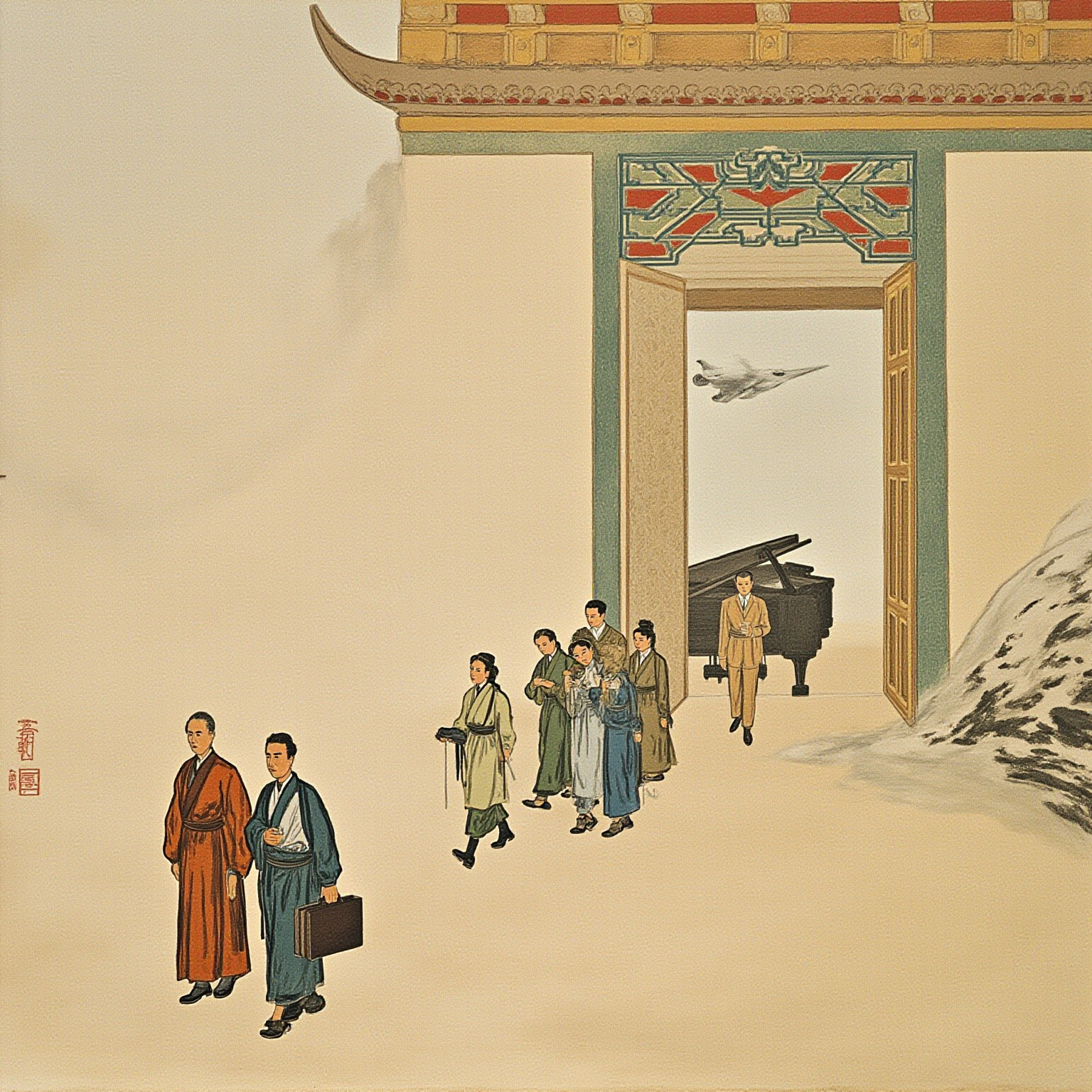悬崖喇嘛寺内部中庭:藏式木梁与壁画之下,是一排西式落地窗、铸铁暖气片、一架三角钢琴,和一座从地板一直顶到屋梁的西式书架墙,僧人与一位穿三〇年代西装的英国人并肩走过。