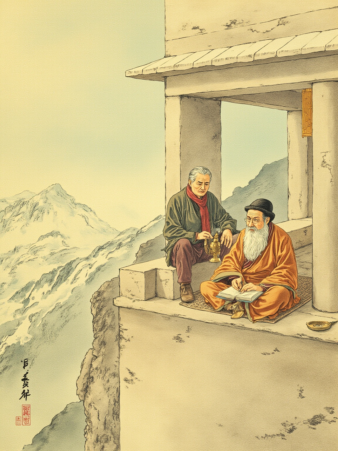 悬崖寺一间小窗内:一位白须垂膝、眉如雪的老喇嘛盘腿坐在蒲团上,对面跪坐着一位穿西装的英国中年人,窗外是云海之上刺眼的雪山晨光,桌上只放着一卷合起的旧册。