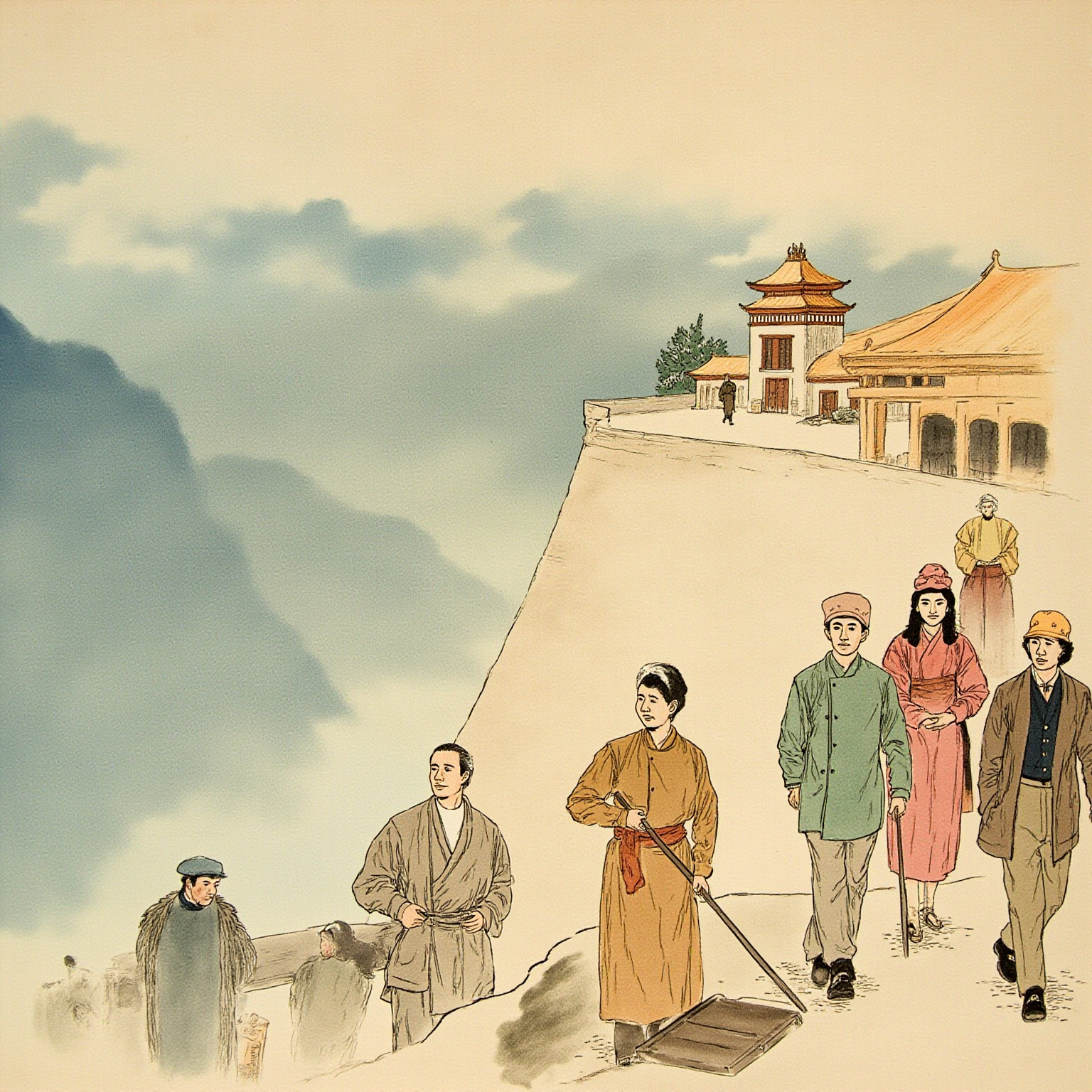 蓝月山谷口:三位穿着西装与大衣的西方人和一位穿藏袍的混血姑娘正要跨出山口,身后是一座云雾里半隐的悬崖喇嘛寺,一位留胡子的年迈英国人站在寺阶上目送。
