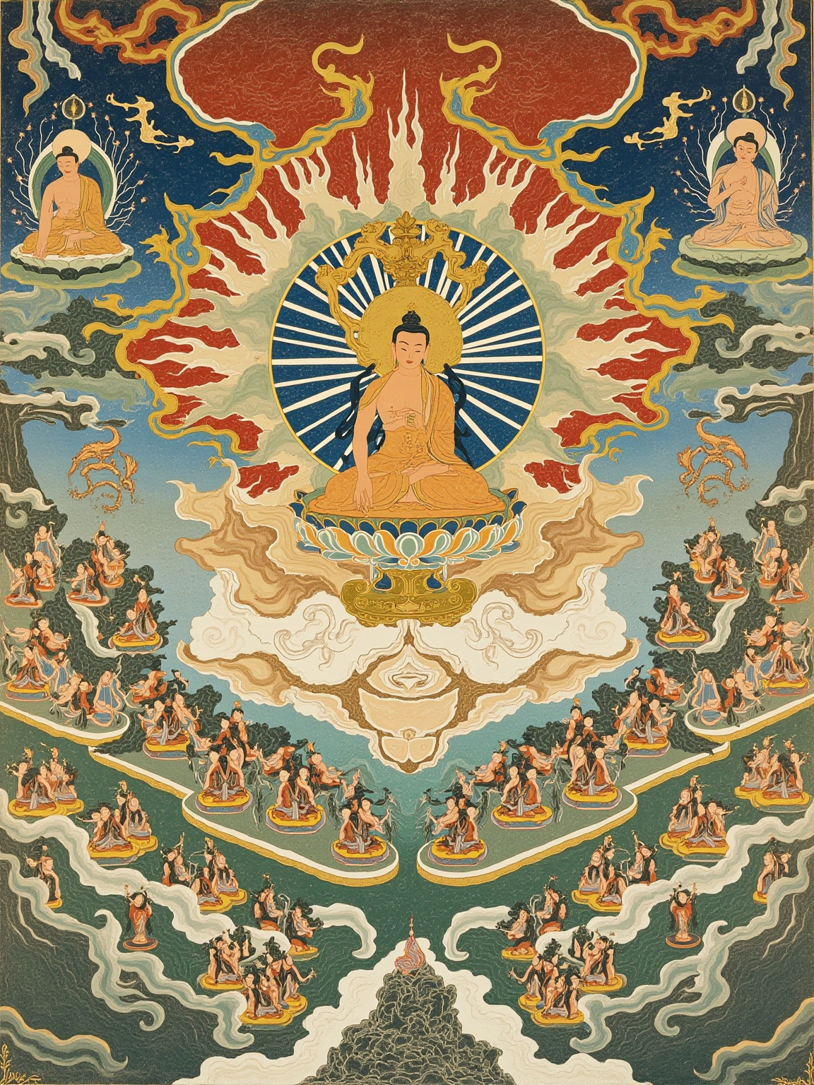 多宝佛塔从地涌出，悬于虚空，二佛并坐于塔中，分半座以证此经。