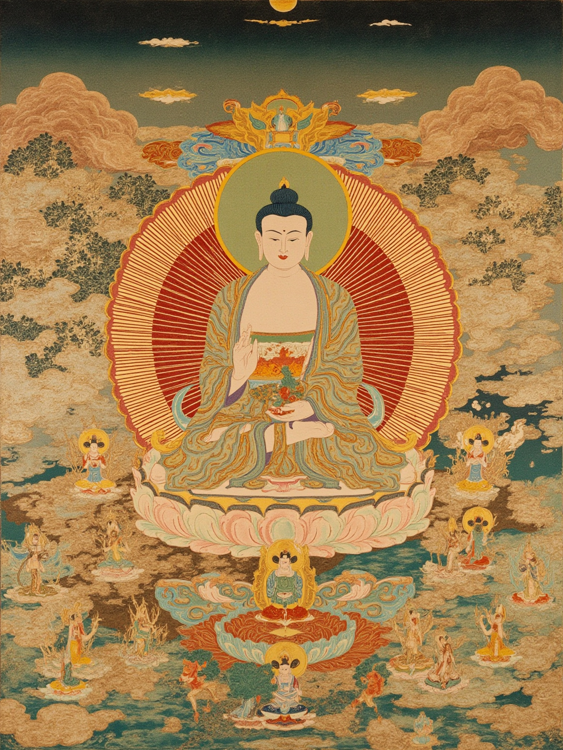 一位读者深夜独坐书桌前，桌上摊开一卷古朴汉译《法华经》，封面素雅；窗外月色如水，室内一盏青瓷灯；读者目光落处，仿佛纸页泛出淡淡金光。