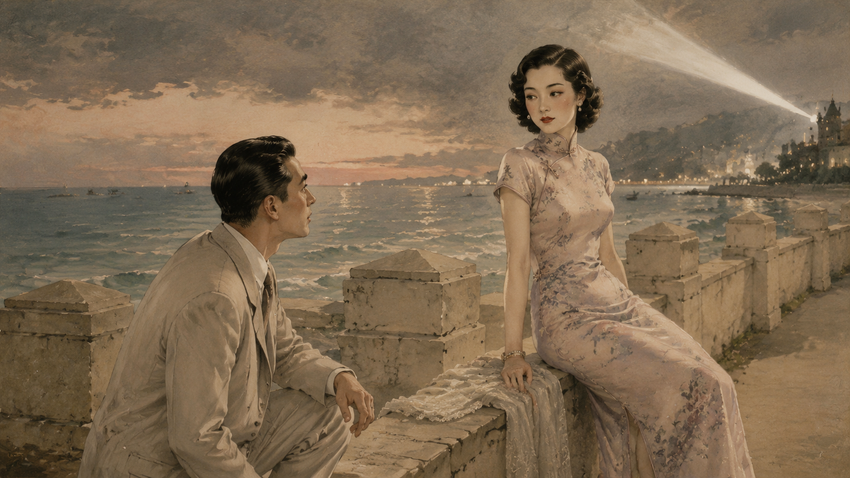 黄昏的浅水湾海堤，长长的石墙下，一个穿西装的男子半蹲着对一个穿浅色旗袍的女人说话，背后是低矮的米色墙垛和辽阔的海平线；天空压得很低，整幅画面有一种末日感的安静。