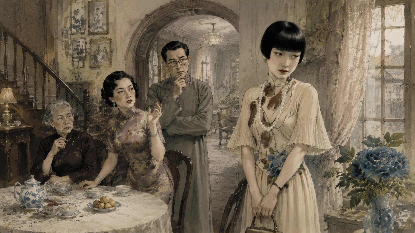 白流苏离婚多年寄居上海白公馆娘家，因替前夫奔丧一事被兄嫂冷嘲热讽、备受排挤