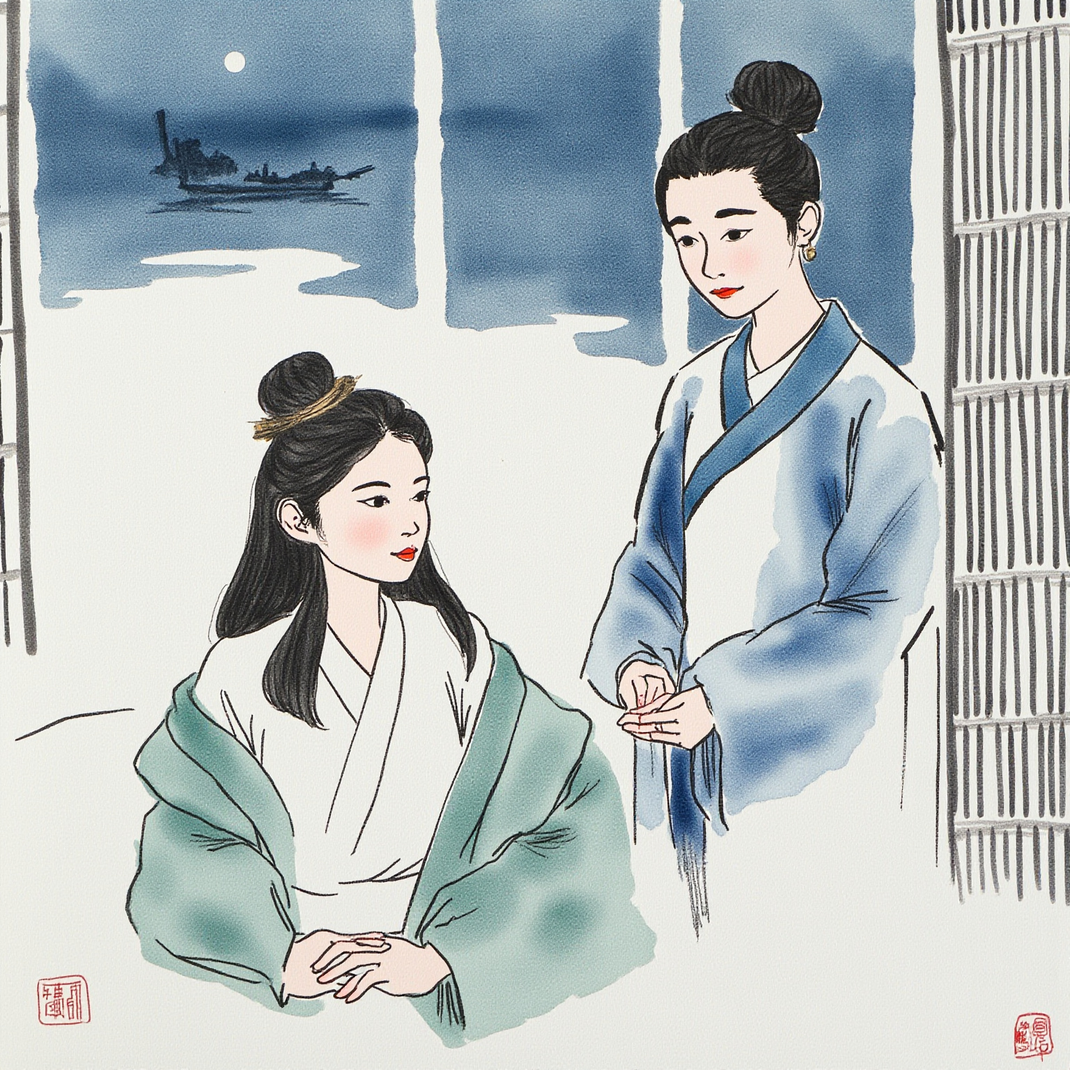 多年离散，江月依旧清冷；一朝重逢，渔火犹带旧时温。