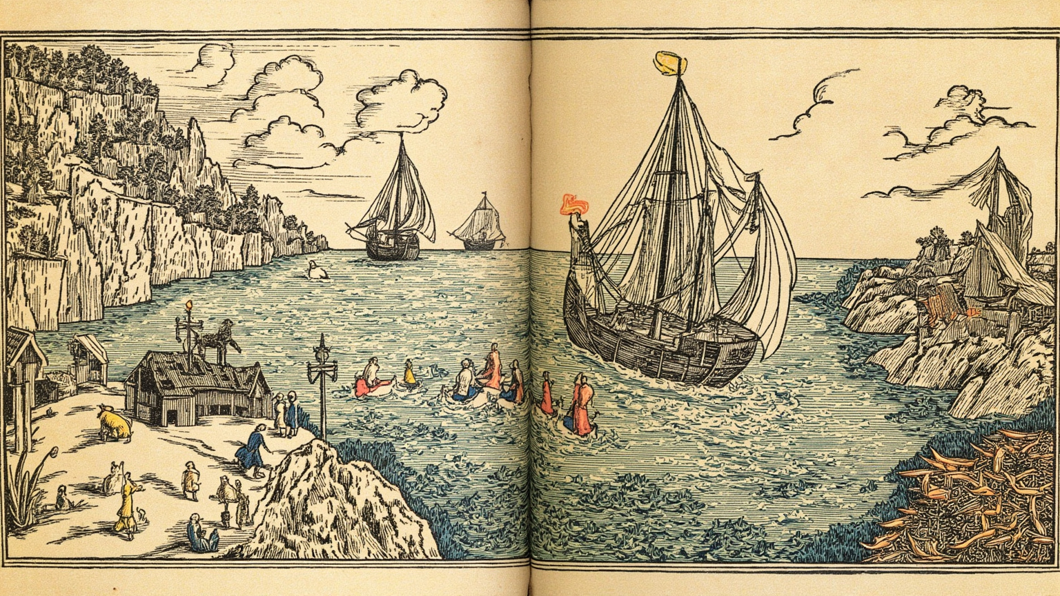 我们吃饼干，那饼干里全是蛆，还带着一泡尿的臊味；我们也吃牛皮——那是钉在艏楼底下垫大炮的皮，事先在海水里泡了四五天。