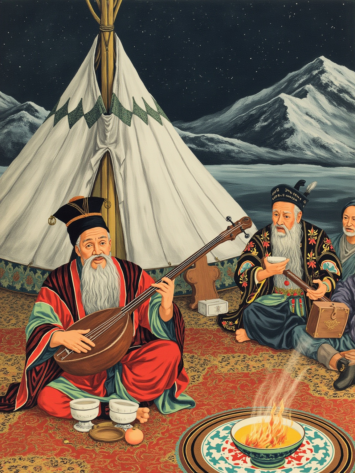 白色毡房 boz üy 围成圈，花毡 shyrdaq 铺起来，库姆孜琴响了——这是整部史诗里最热闹的一夜。