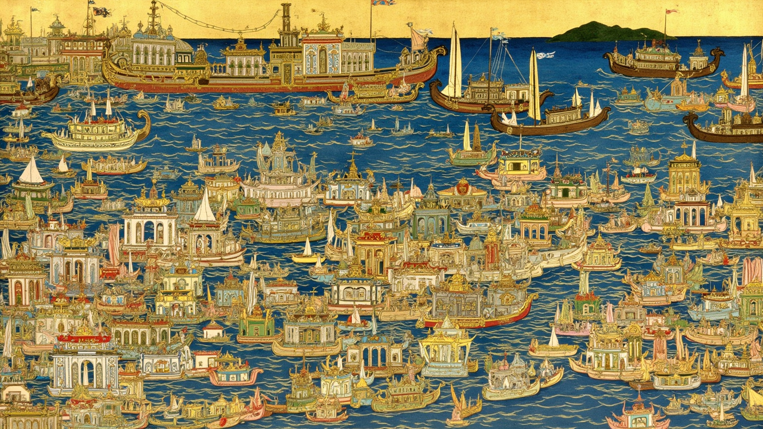 1292 年印度洋上的大型中式海船队,黄昏航行,船身有朱红与赭黄,船尾挂蒙古旗帜,远处海平线有苏门答腊的墨绿山影,画面开阔而辽远