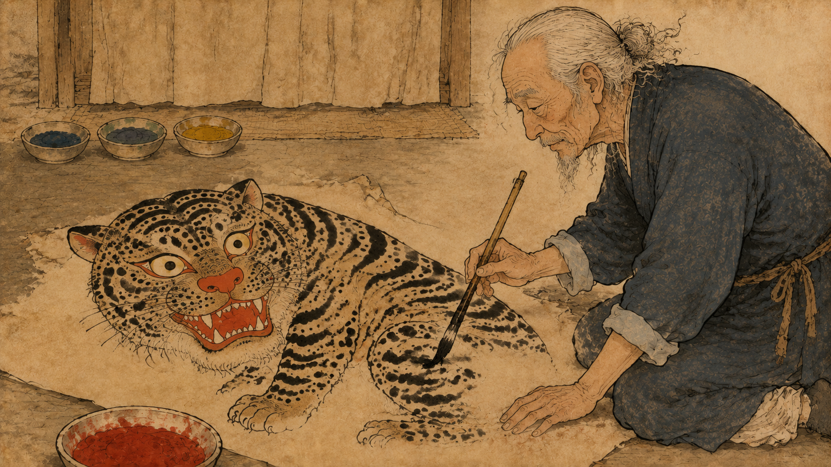 The tiger grins red out of the paper