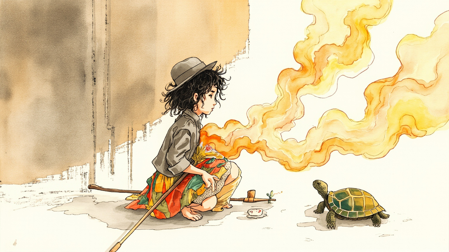 圆形剧场废墟外围着十二个穿灰衣的男人，他们的雪茄烟雾凝在半空像一团团灰絮；中央毛毛蹲在地上，怀里抱着一朵发光的花，小乌龟抬头望着她。