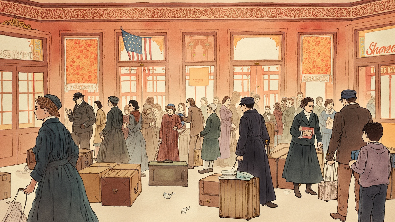 On Ellis Island the doctor wears white gloves and writes everything down in English, and English to a boy from our town is nothing but a lot of gurgle-gurgle.
