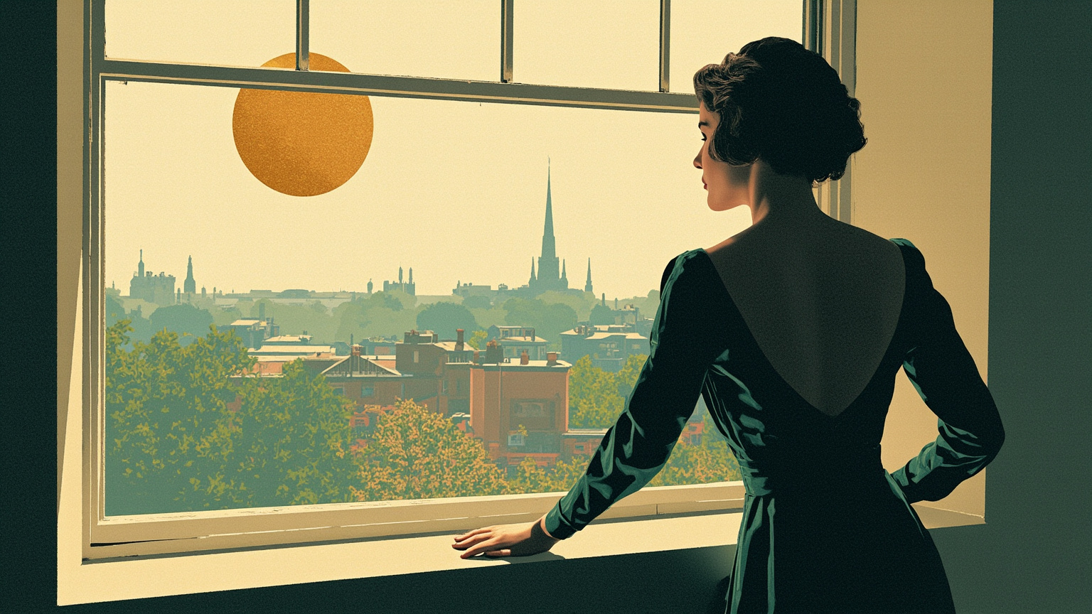She saw the large outline of his body standing dark against the window.