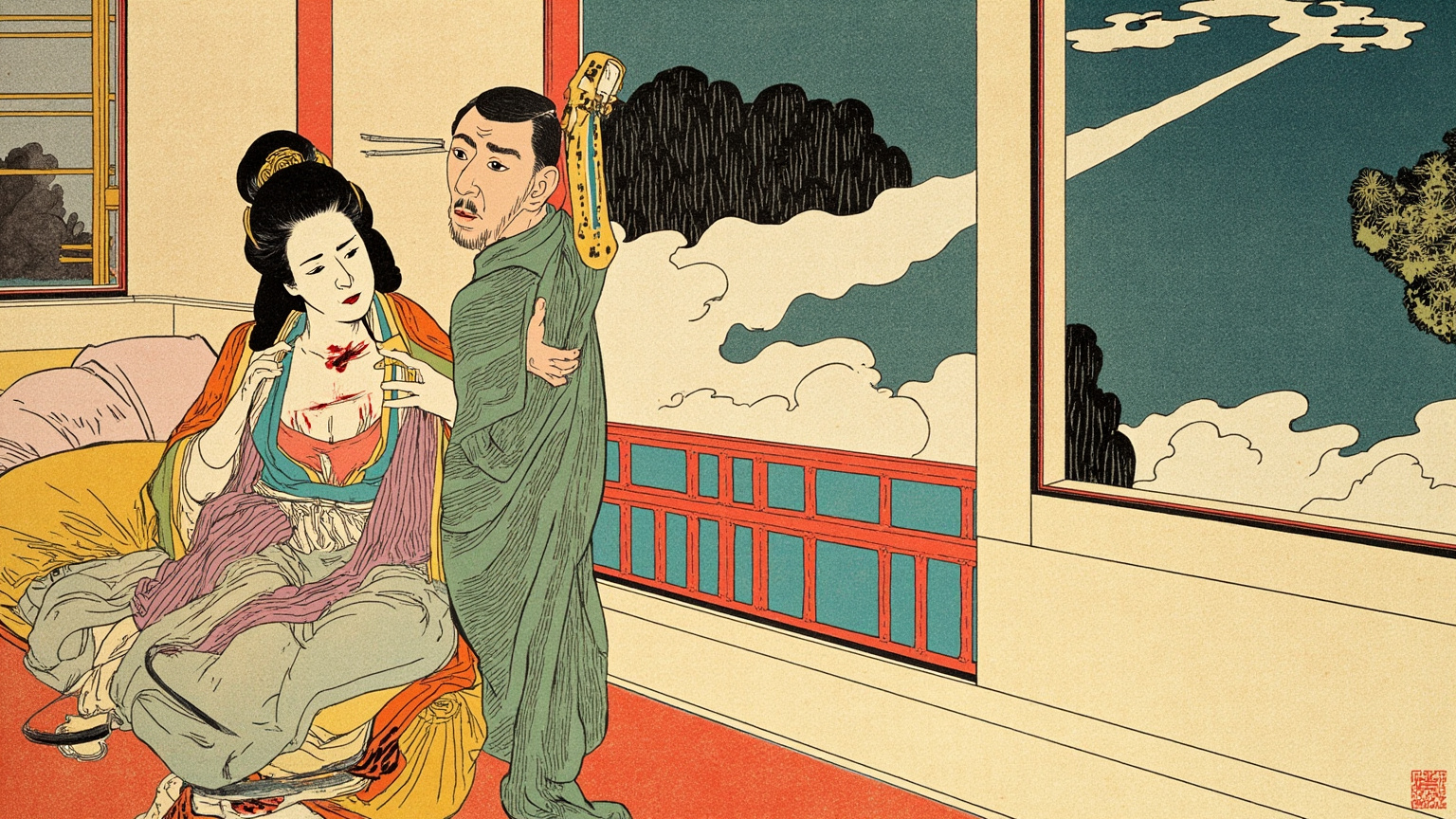 一日复一日，浪子坐在伊香保汤治的窗前，咳嗽渐重，指间那方护身符的布，已被血渍浸得发硬。