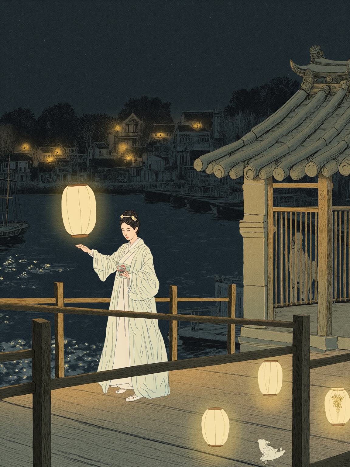 The girl raised a lantern painted with peonies and walked alone through the night of the festival — and there, on the bridge by the ruined shrine, a scholar's life turned.