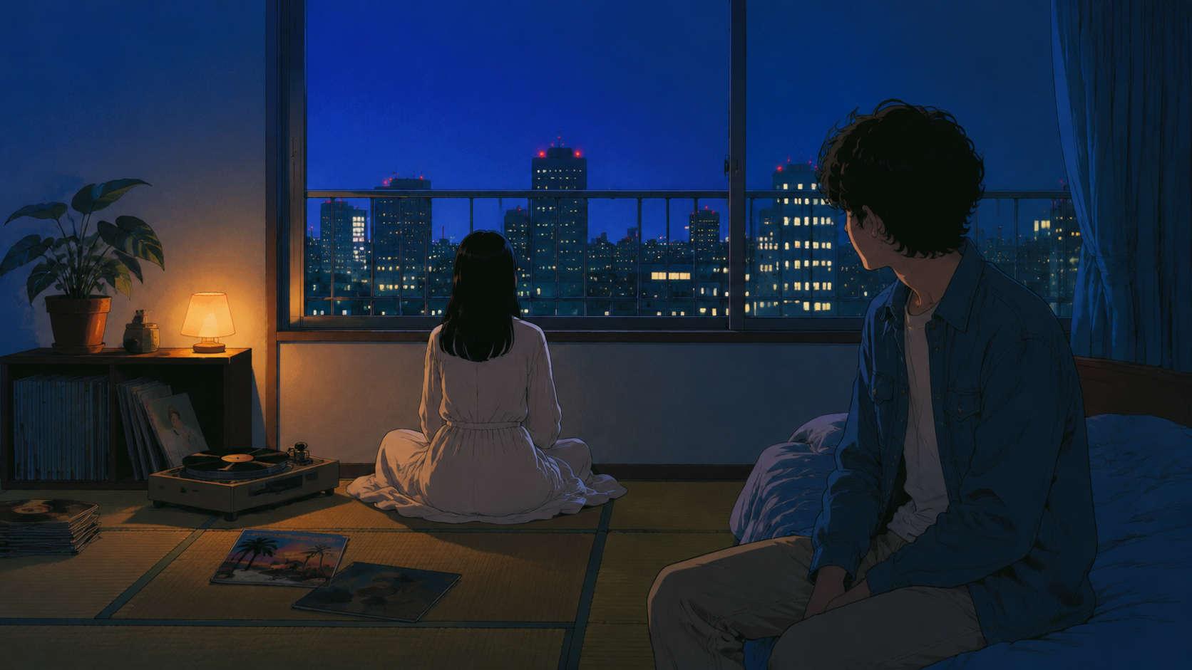 夜晚的东京小公寓，直子背对渡边坐在地板上，窗外灯光稀薄，房间里的沉默比任何声音都响。