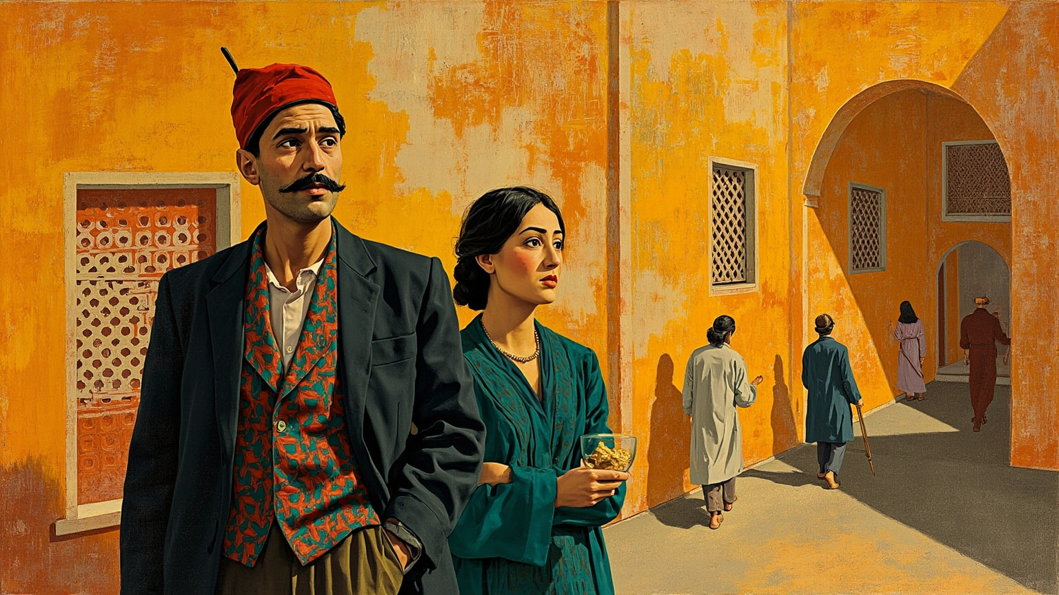 1917 年前后的开罗老城加马利亚区、Bayn al-Qasrayn 街（书名原意『两宫之间』）：布商世家之主艾哈迈德·阿卜杜勒·贾瓦德治家极严——妻子阿米娜二十五年来除探望侯赛因清真寺外从未踏出家门半步，子女必须绝对服从