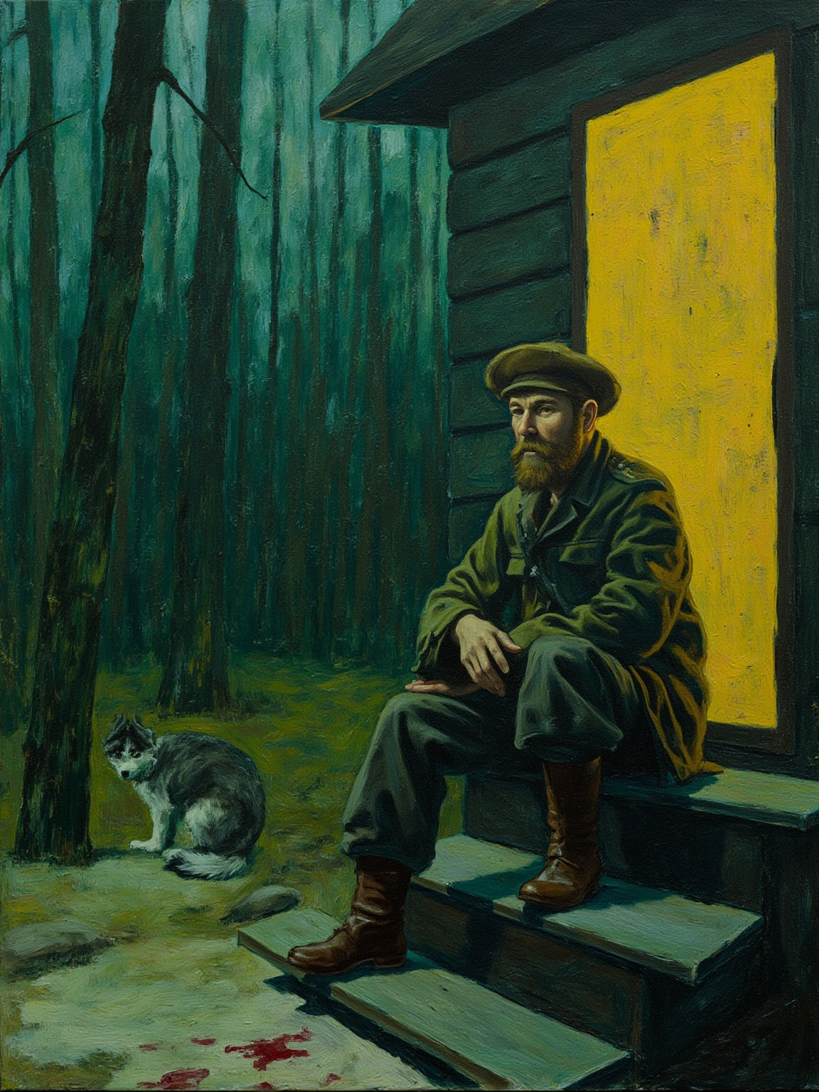 阴翳林间猎屋外，一个男人背对镜头坐在木台阶上，猎犬蹲在脚边，白夜的天光把一切漂成银色，地上有血迹。