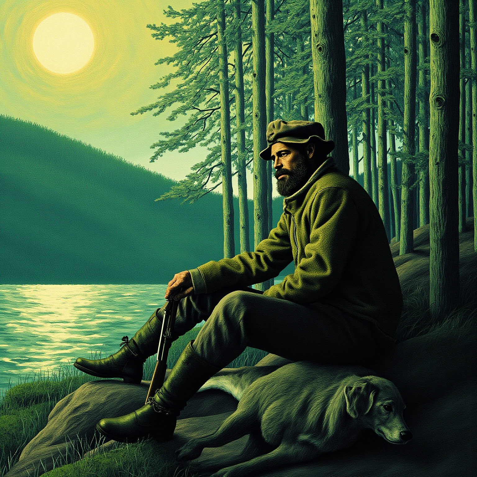白夜的森林深处，一个男人半躺在一块长满苔藓的大石上，猎犬卧在他脚边，远处峡湾的水面被太阳照成发白的金绿色。