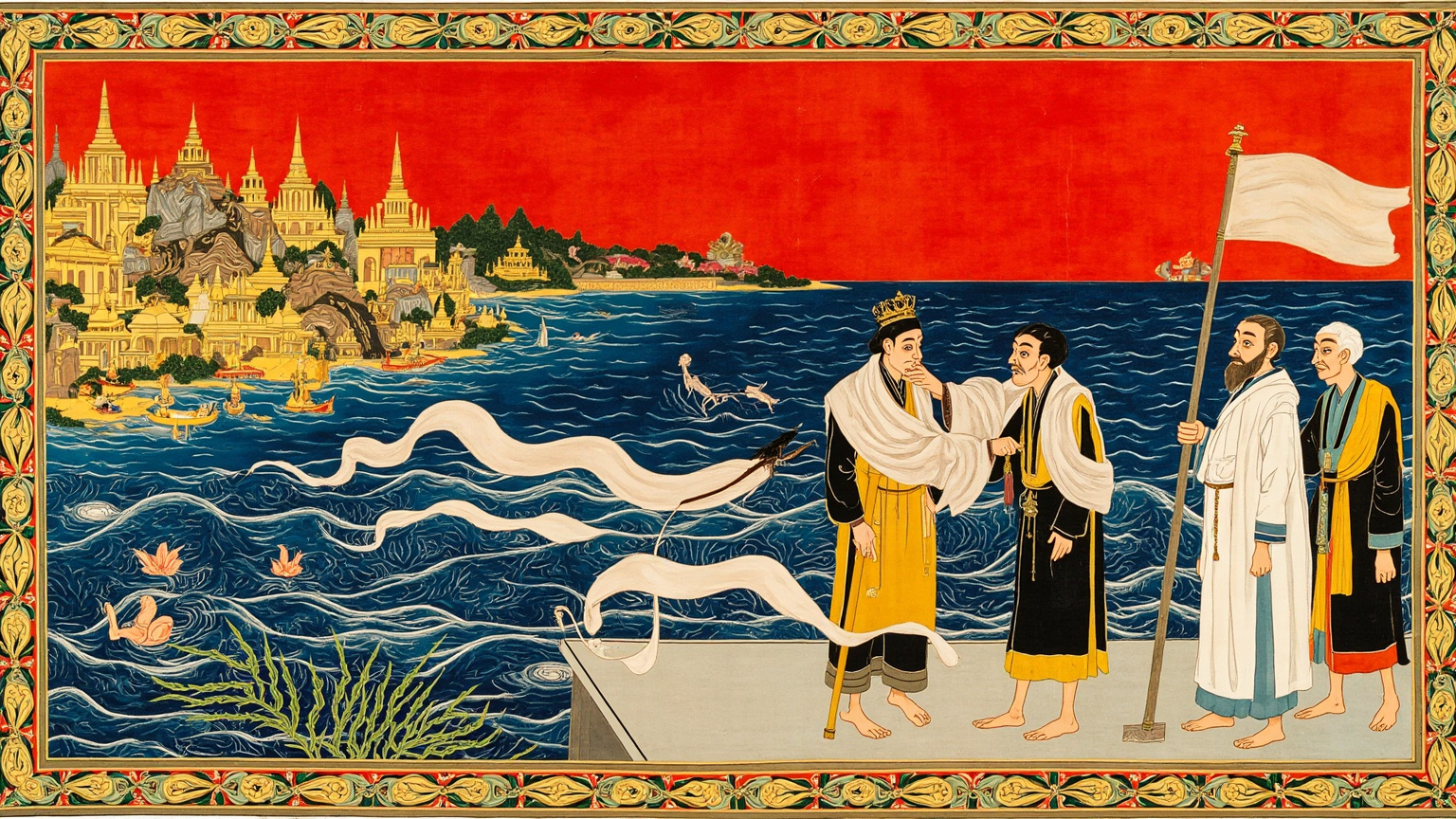 洛坤港的金色尖顶宫殿与那莱大塔剪影在晨光中清晰可见，港口栈桥上老国王披着南暹罗式样的披肩与两个儿子相拥，海风把幡旗吹向一侧，氛围是长年离散后归乡的平静与重
