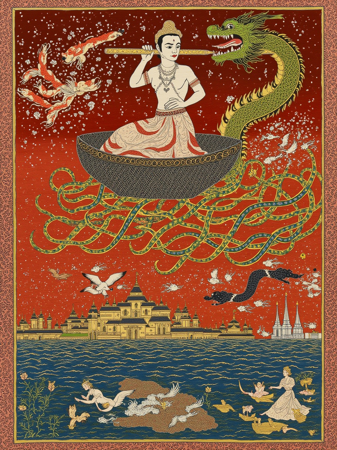 暹罗湾黎明前的海面，老龙王船的剪影驶向远处金色尖顶的港口，船上立着一个手持葫芦笛吹奏的年轻人剪影，海鸥从他笛尾掠过，氛围是漫长漂泊后的归航