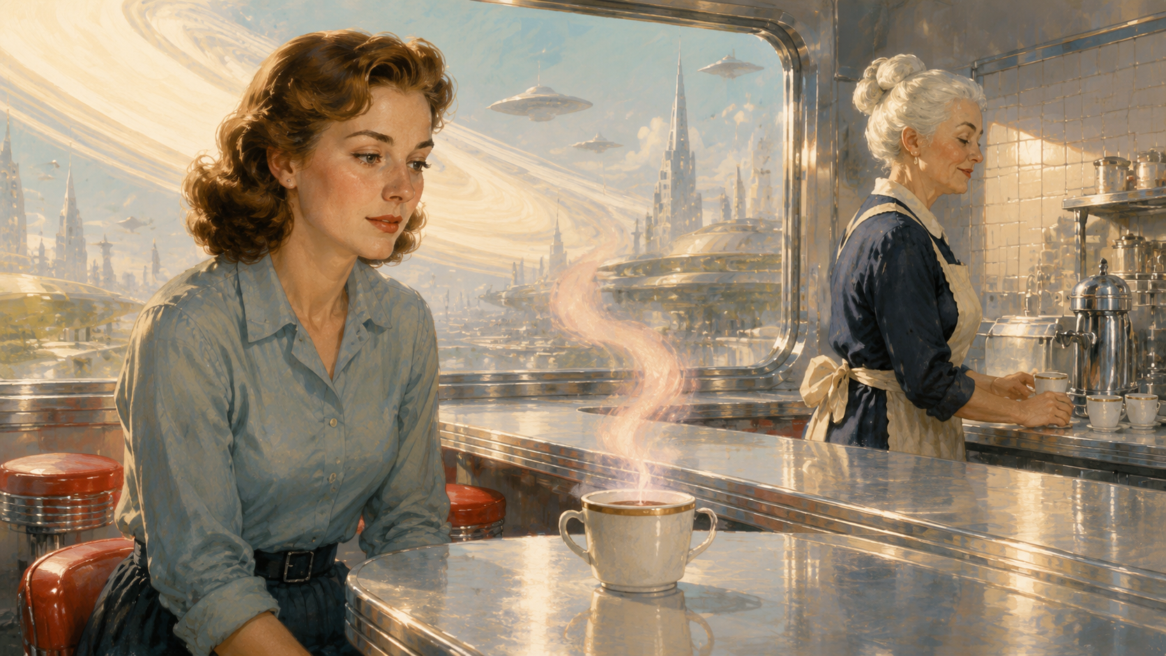 Coffee set down, steam curling pink