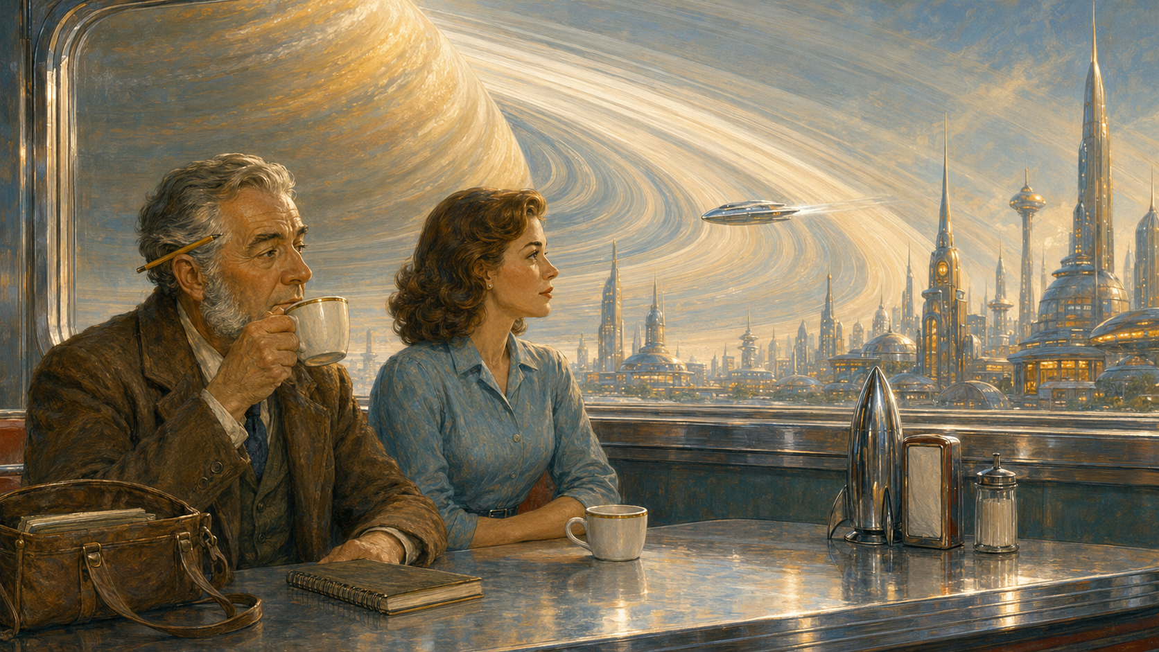 A silver craft between the rings