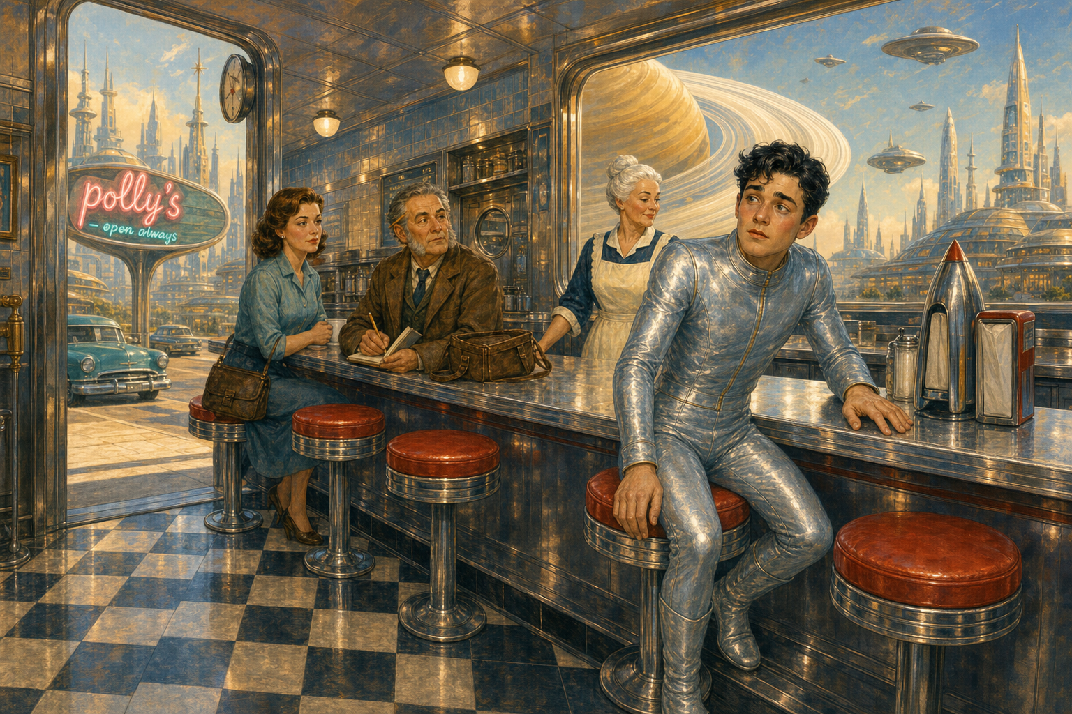 The silver-suited young man enters