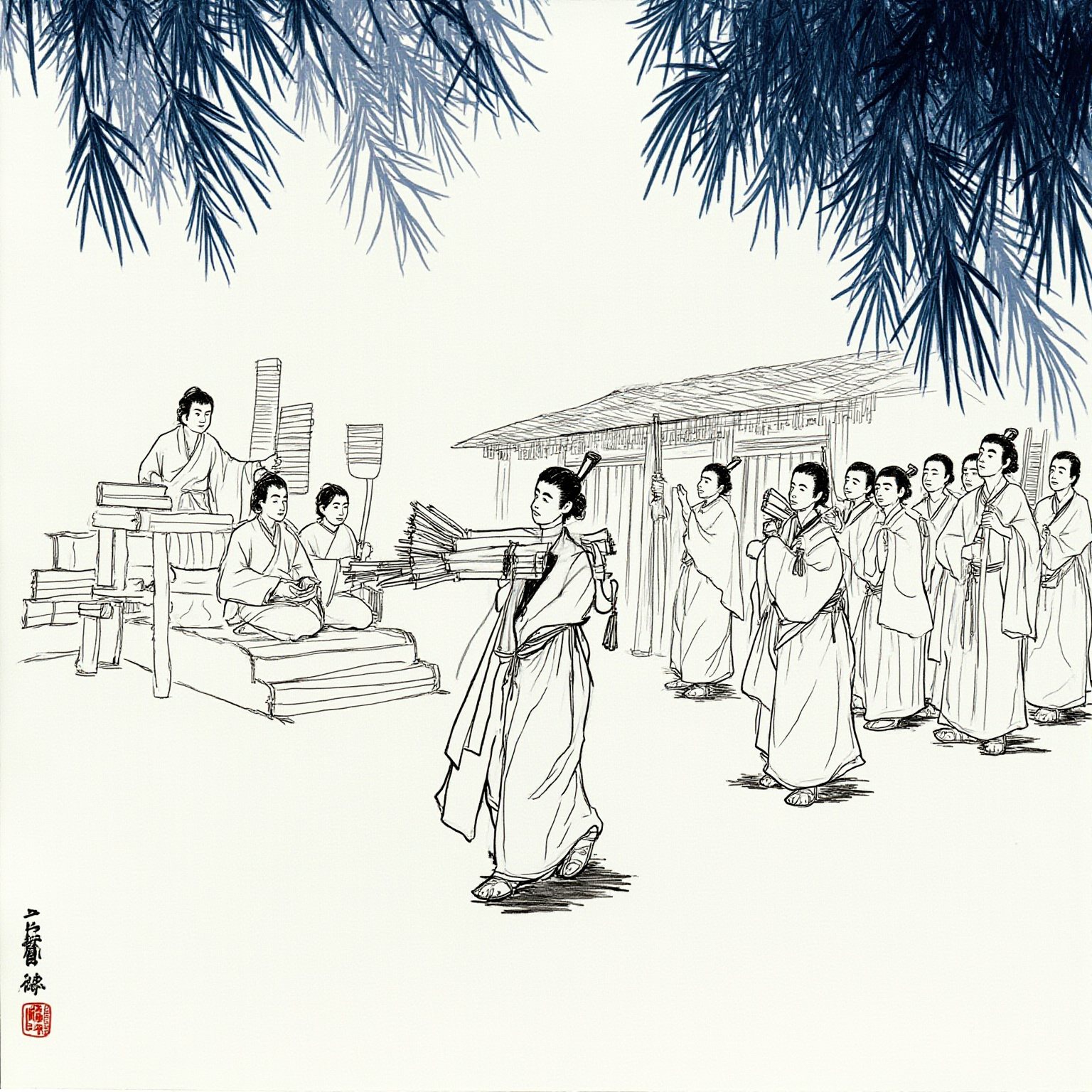 曹溪宝林寺的廊下，月光照在竹帘与蒲团上，最后一课的老僧侧影，面朝一群坐着的弟子，背后香炉青烟一缕