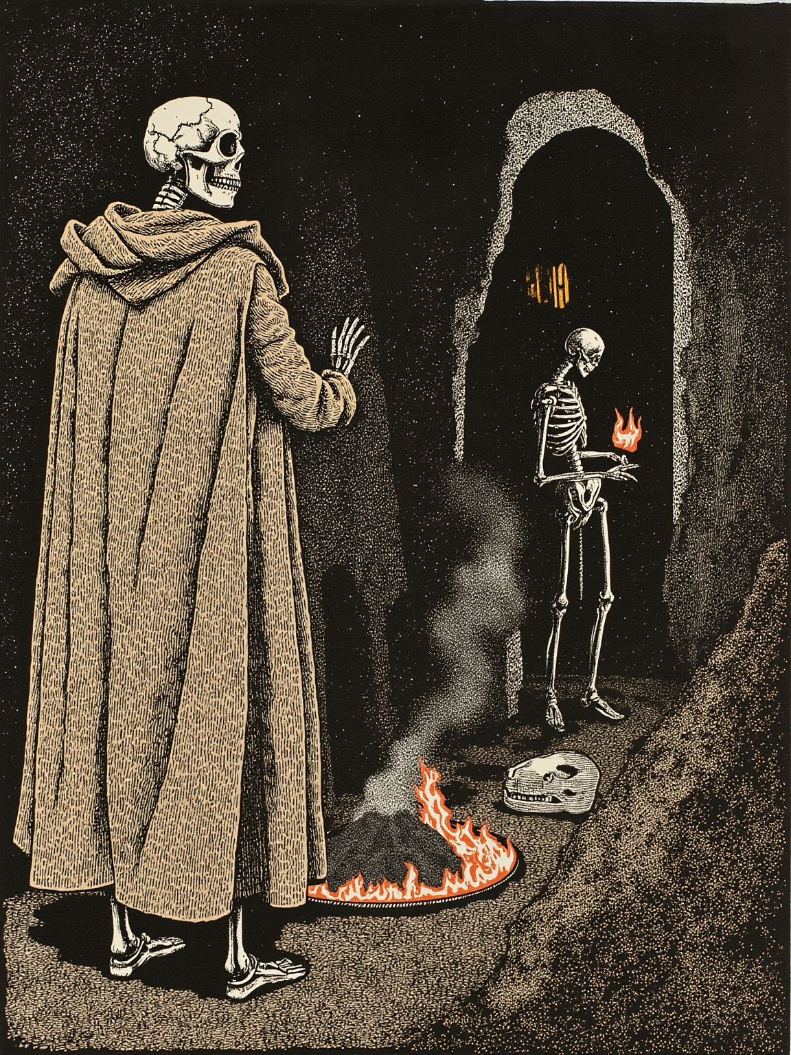 于是他们被活活焚死，心脏在 Hun-Came 与 Vukub-Came 面前被生生挖出；随后便重生，化作了鱼。