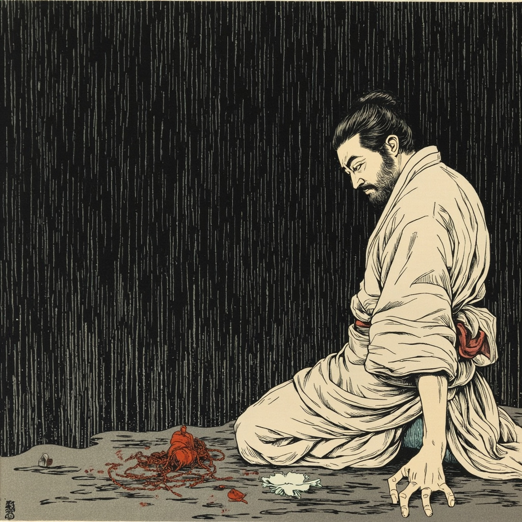 京都近郊竹林深处，壮汉多襄丸反剪双臂跪于官厅，粗眉朗目，嘴角一抹近乎得意的弧度，身后是层叠竹影