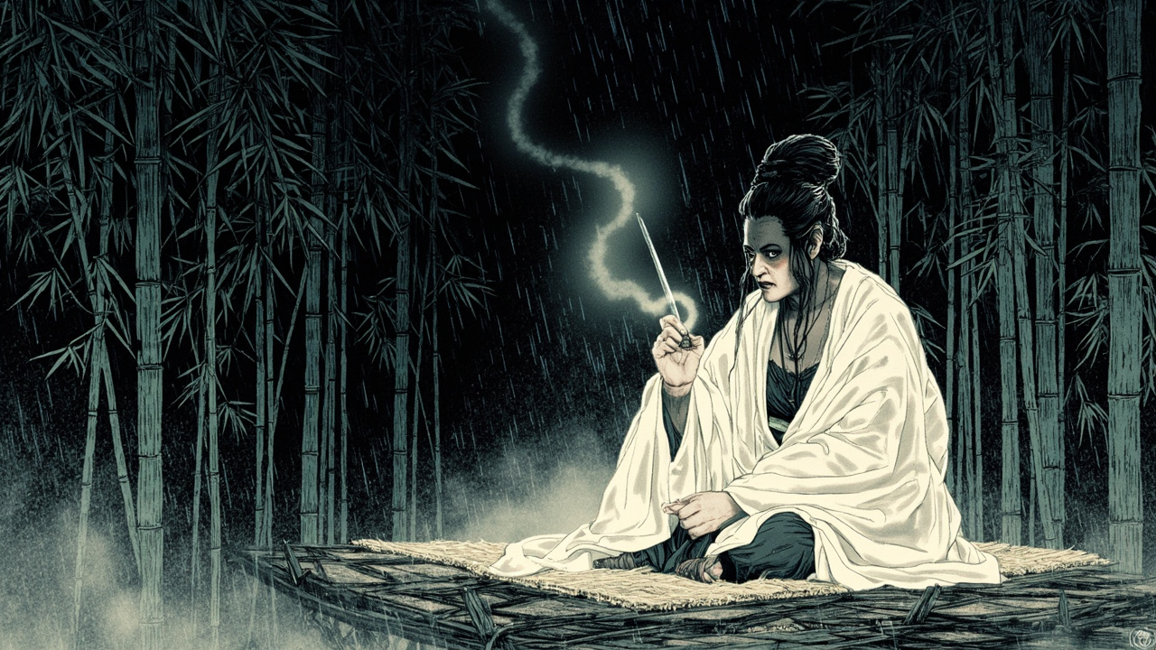 平安京外竹林深处，白衣巫女白纹面具遮面，盘坐于竹席之上，竹帘低垂，周围烟雾缭绕，武士亡灵的嗓音自其喉间传出