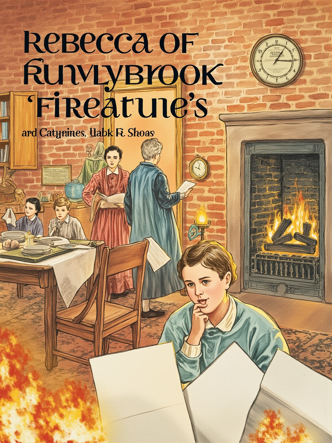一张泛黄的老书脊特写，烫金字写着 REBECCA OF SUNNYBROOK FARM，1903，下方叠着几本同年代的薄册子，背景是暗色木书架