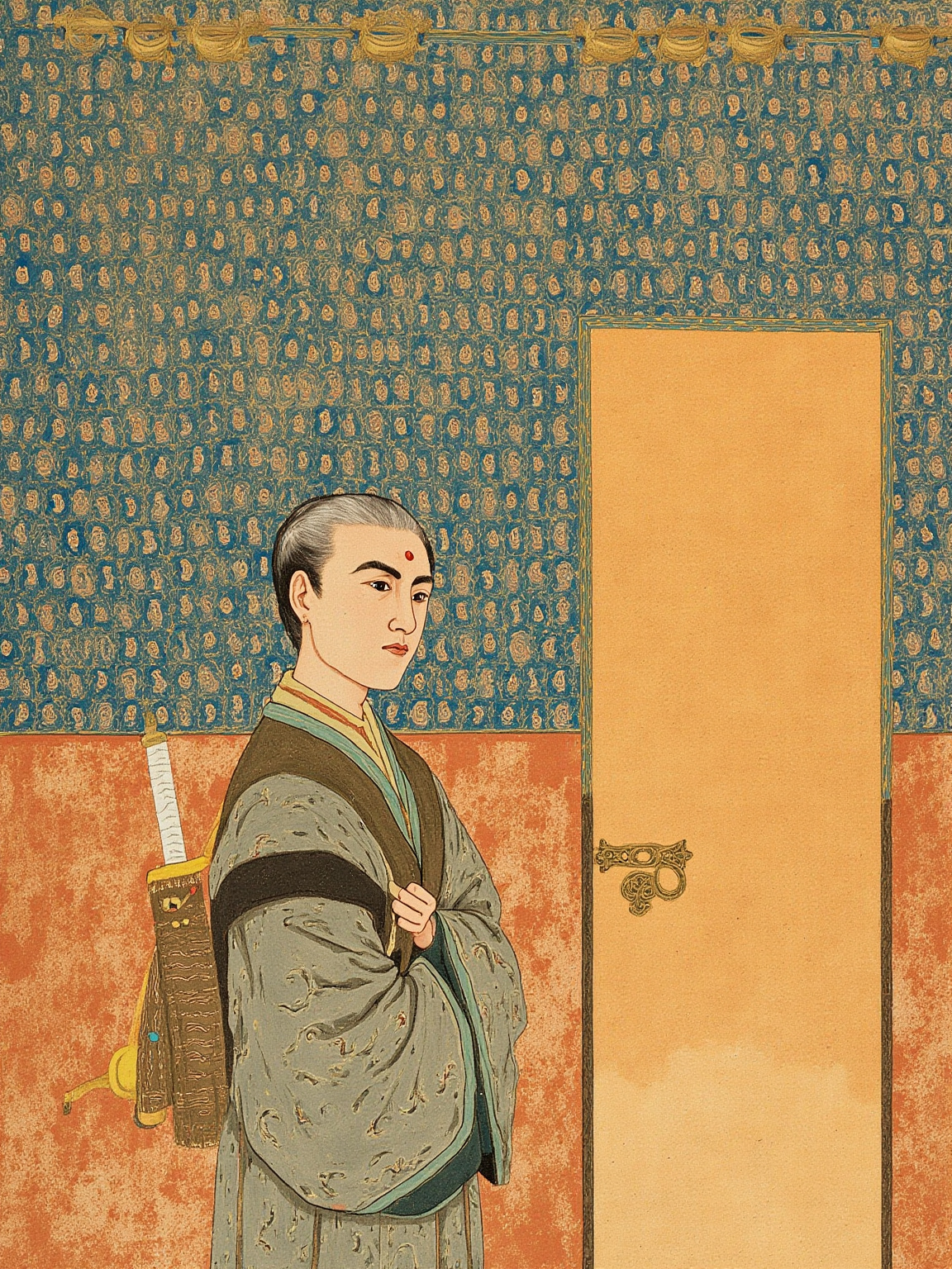 印度华氏城佛寺的清晨内景：一位中国僧人身影立于侧门外，望着寺中比丘列队而过，长袍与佛像的金红色在晨光中显得厚重肃穆，他的眼神复杂——是羡慕、是不舍、是释然，分不清哪一种，色调偏暖偏旧