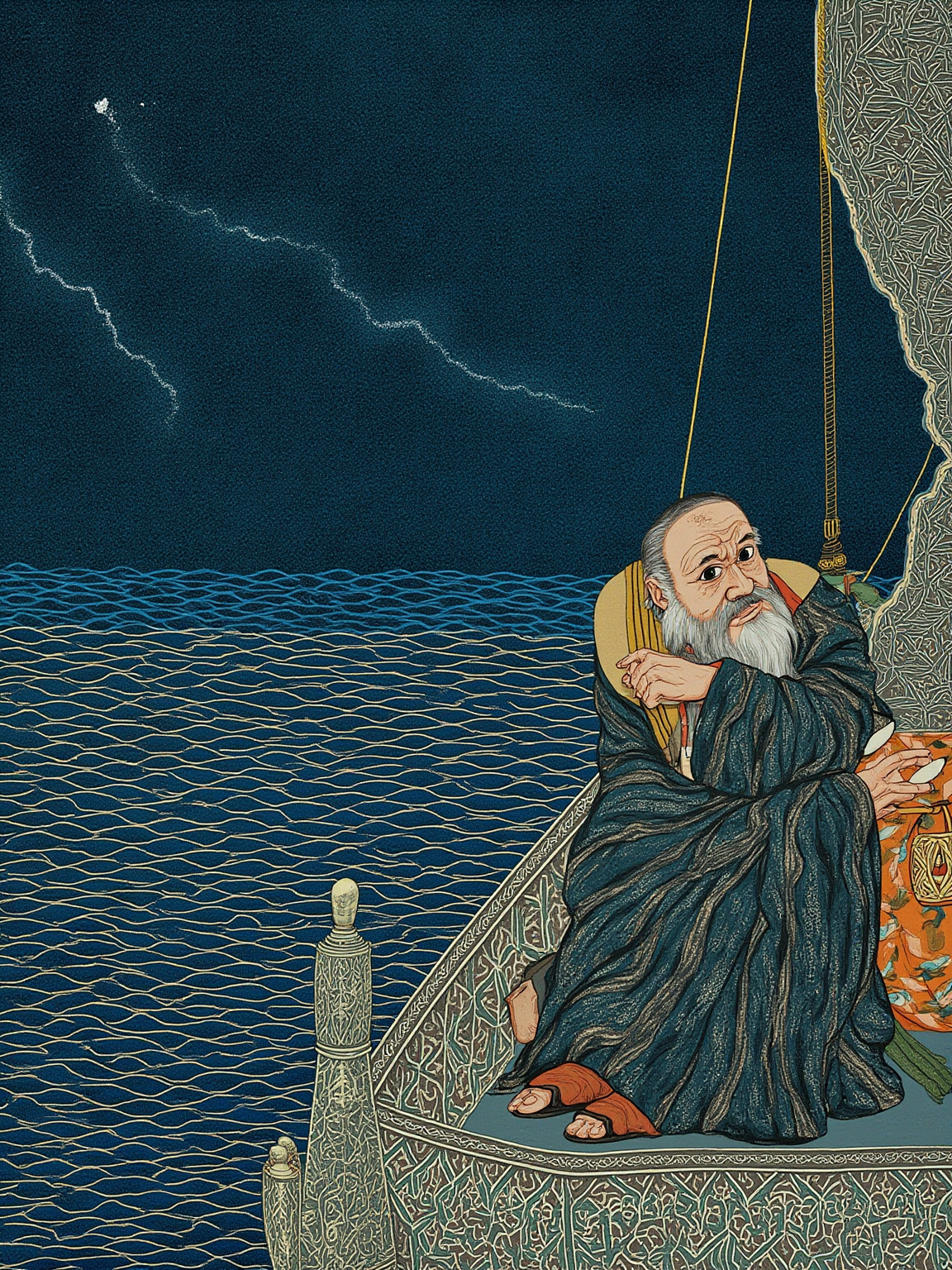 暴风雨中的远洋帆船：黑夜、巨浪、倾斜的木船、一位老僧伏在船舷边双手紧抓缆绳，海水漫过甲板，远处什么都看不见，只有闪电劈下来的瞬间能看见船帆撕裂一角，张力拉满