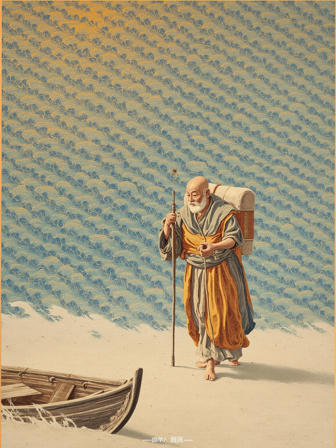 山东崂山海岸的拂晓：一位形容枯槁的老年僧人独自从浅海走上灰白色沙滩，身后是一艘破损搁浅的木船，脚下浪花退去，海风吹开他残破的衣袍，他望向远处的丘陵，肩上还背着一只用油布包好的经卷箱，天空刚亮