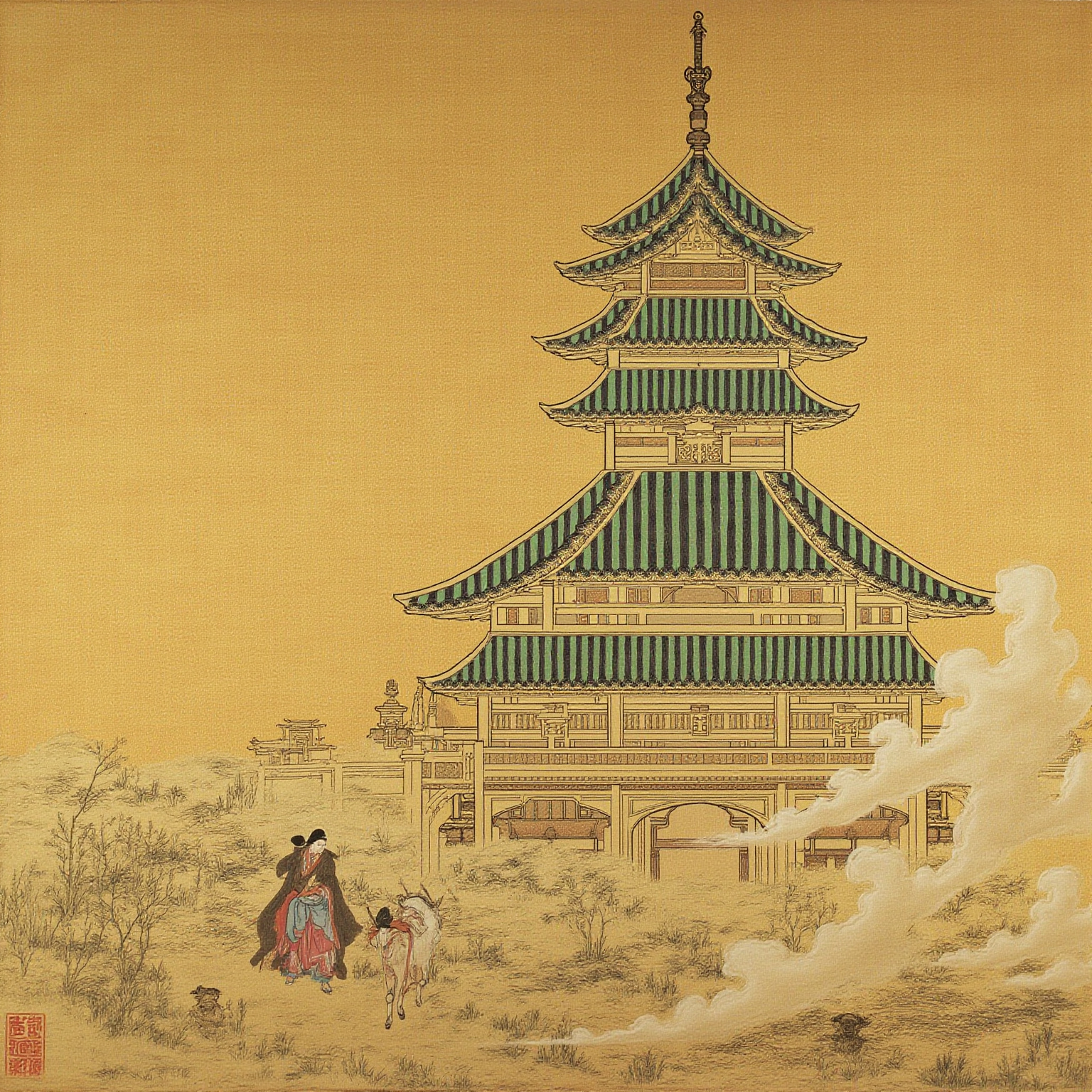 中有九层浮图一所，架木为之，去地一百丈，上有金铎十枚，铎声闻于十里。