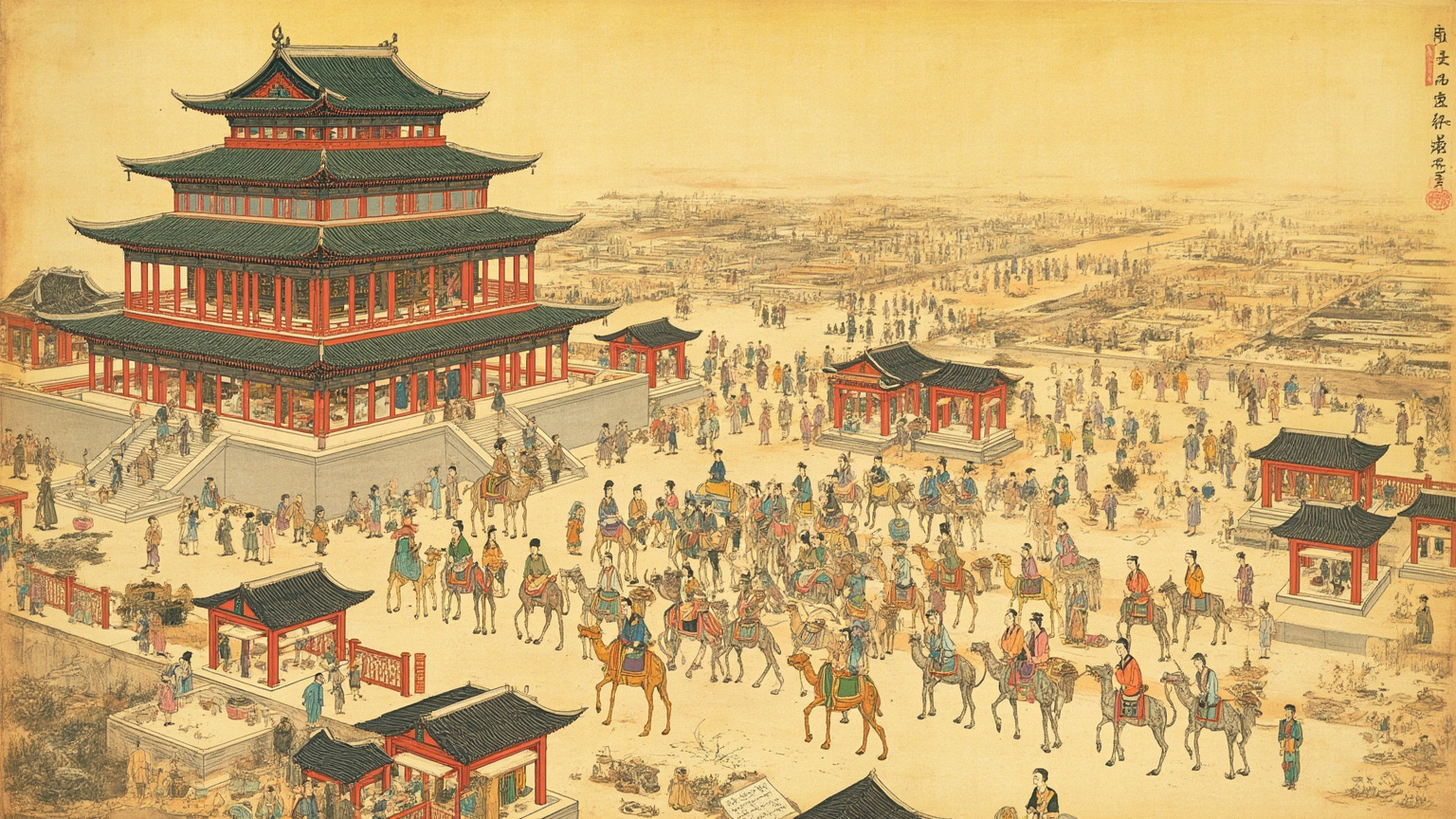 立城：493 年北魏孝文帝自平城迁都洛阳，新都按里坊制度重建；四十余年间城内外立佛寺逾一千三百座，香火、讲经、梵乐遍于市井，杨衒之逐寺追记其方位、门楼、讲堂、塔、佛像与高僧——这是『盛时』之城的鸟瞰