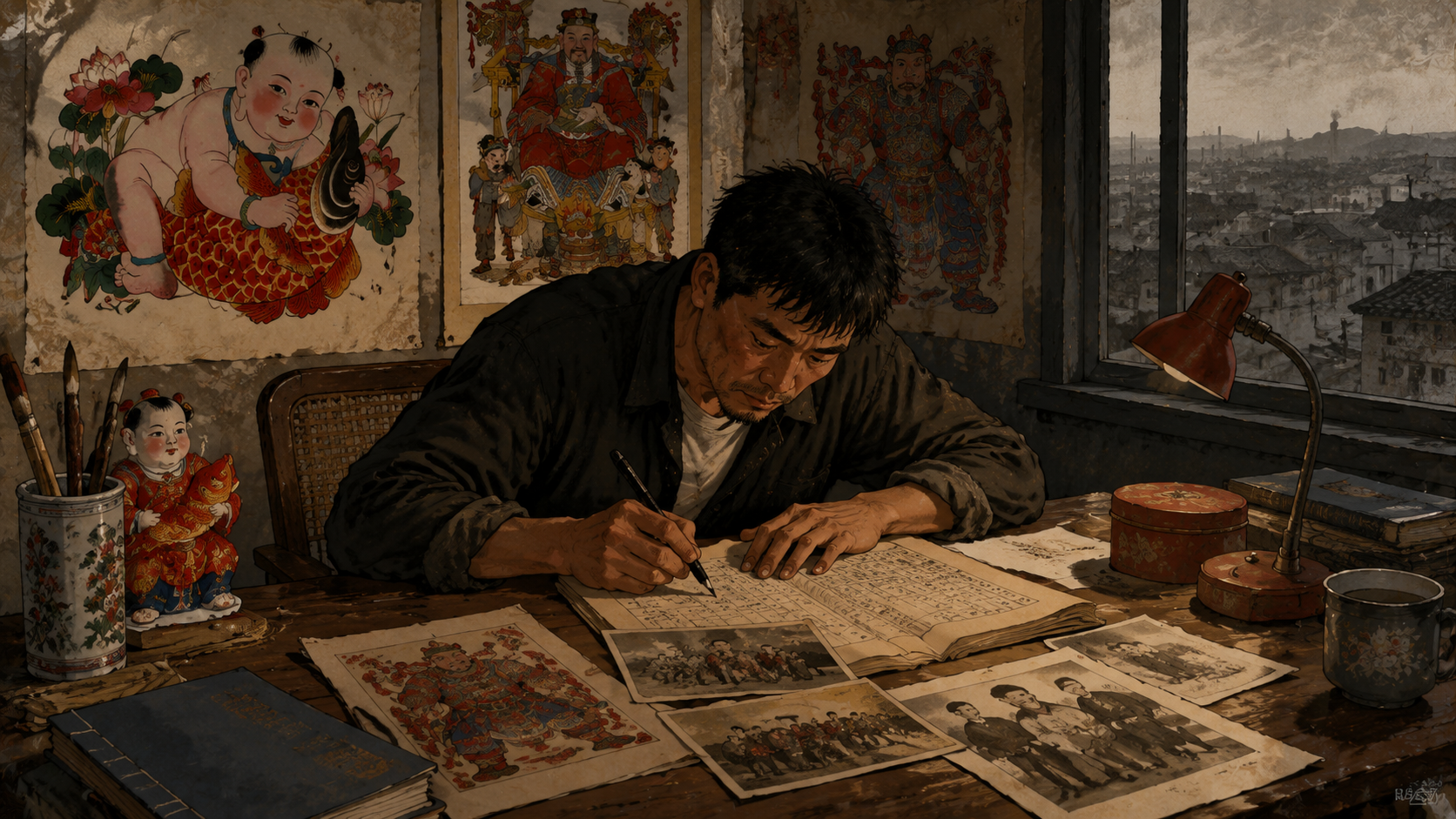现代书房里，一个中年男人（叙述者"我"）伏在桌前写字，桌上摊着泛黄的家谱和老照片，窗外是灰蒙蒙的城镇天际线，色调和前文的高粱红形成强烈对比，氛围沉静、追忆。