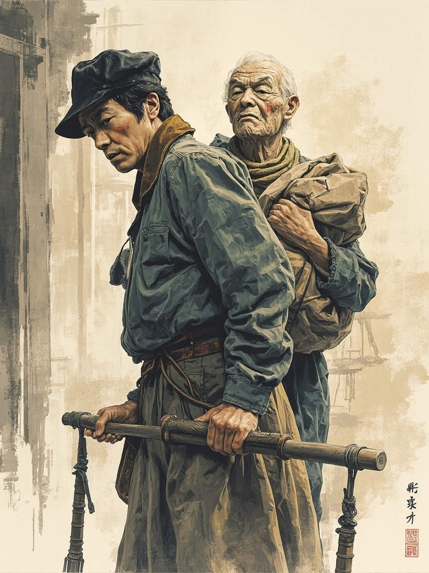 灰暗的北平小宅院门口,一个穿长衫的瘦削暗探侧身立着,脸上挂笑,身后是哭丧着脸、被搜空钱袋的年轻车夫,双手还攥着包袱带