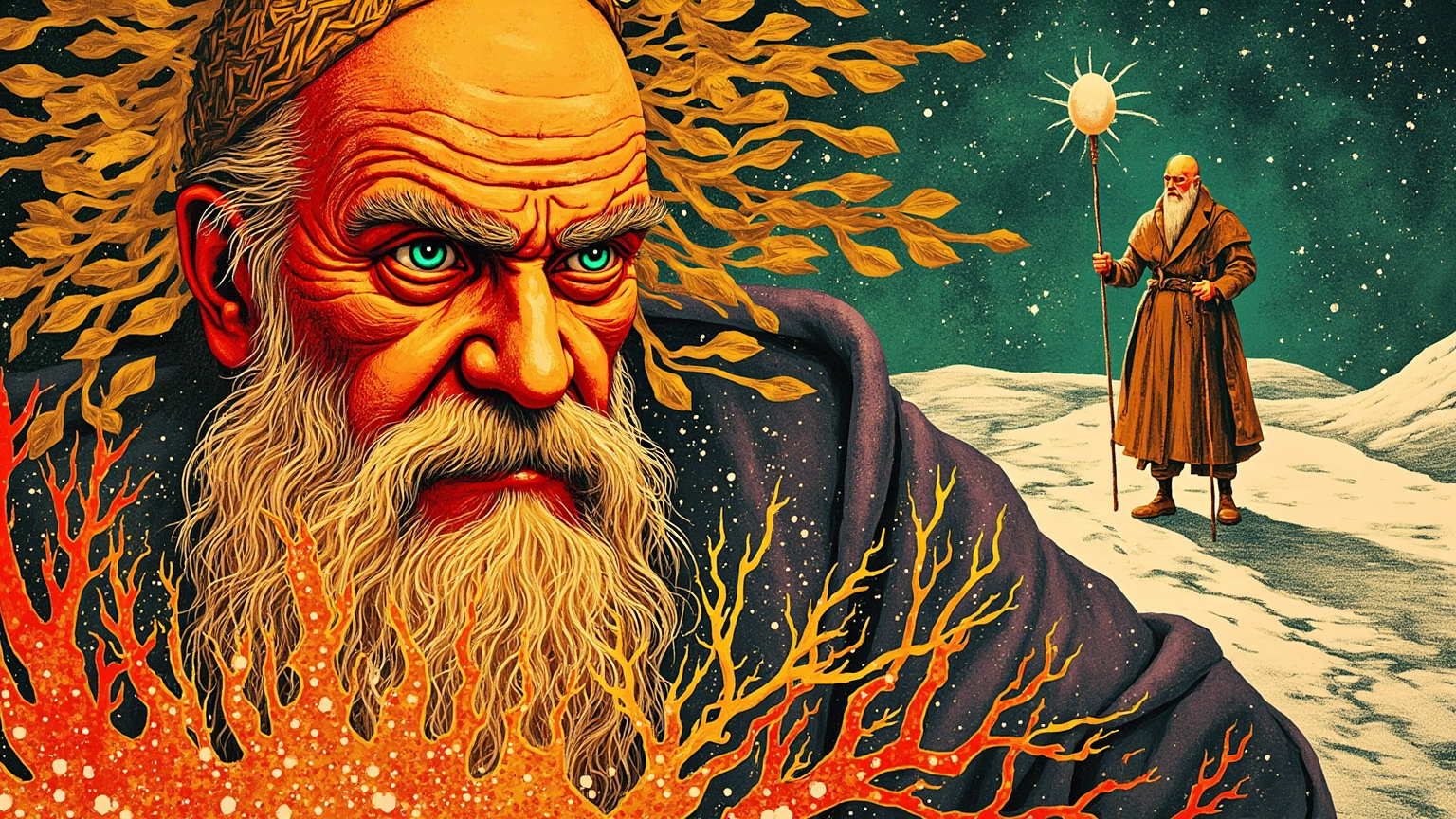 芭芭雅嘎坐在鸡脚撑起的旋转小屋里;而科舍伊的死亡,藏在一枚针上——针在蛋中,蛋在鸭中,鸭在兔中。