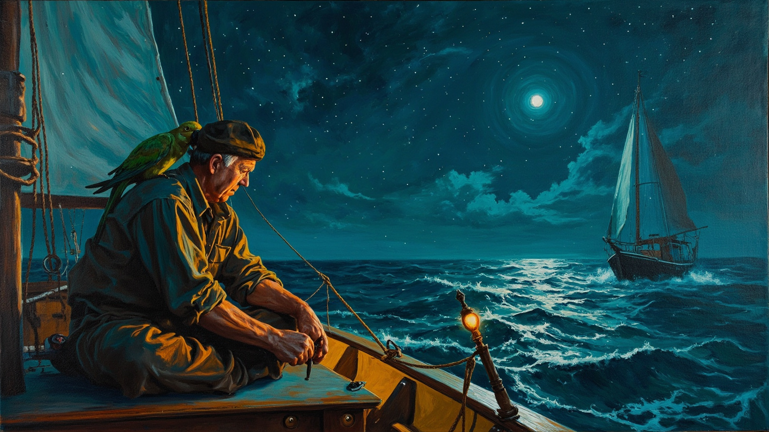南太平洋无风的热带夜里，一条小帆船静静漂着，星空倒扣在海面上，船尾坐着一个穿旧衬衫的船长，肩上落着一只绿色鹦鹉，他侧头像在跟什么人说话