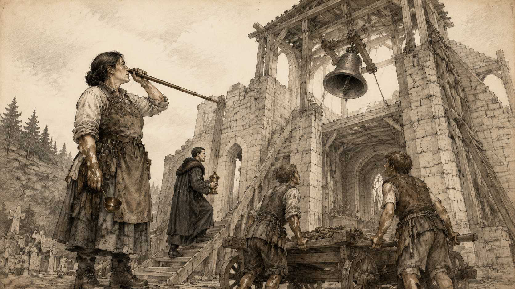 The Bell Is Hoisted Into the Unfinished Tower