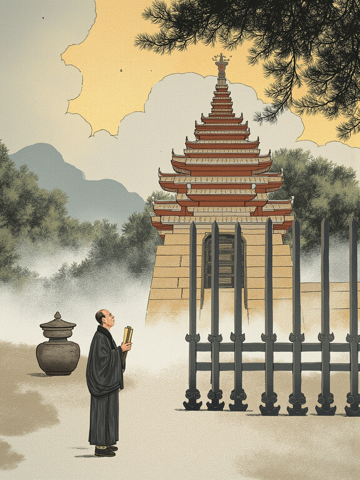 He let the strange and the sacred share the same brushstroke as the righteous—gods, Buddhas, kings, monks and common folk on a single stage written by one monk's hand.