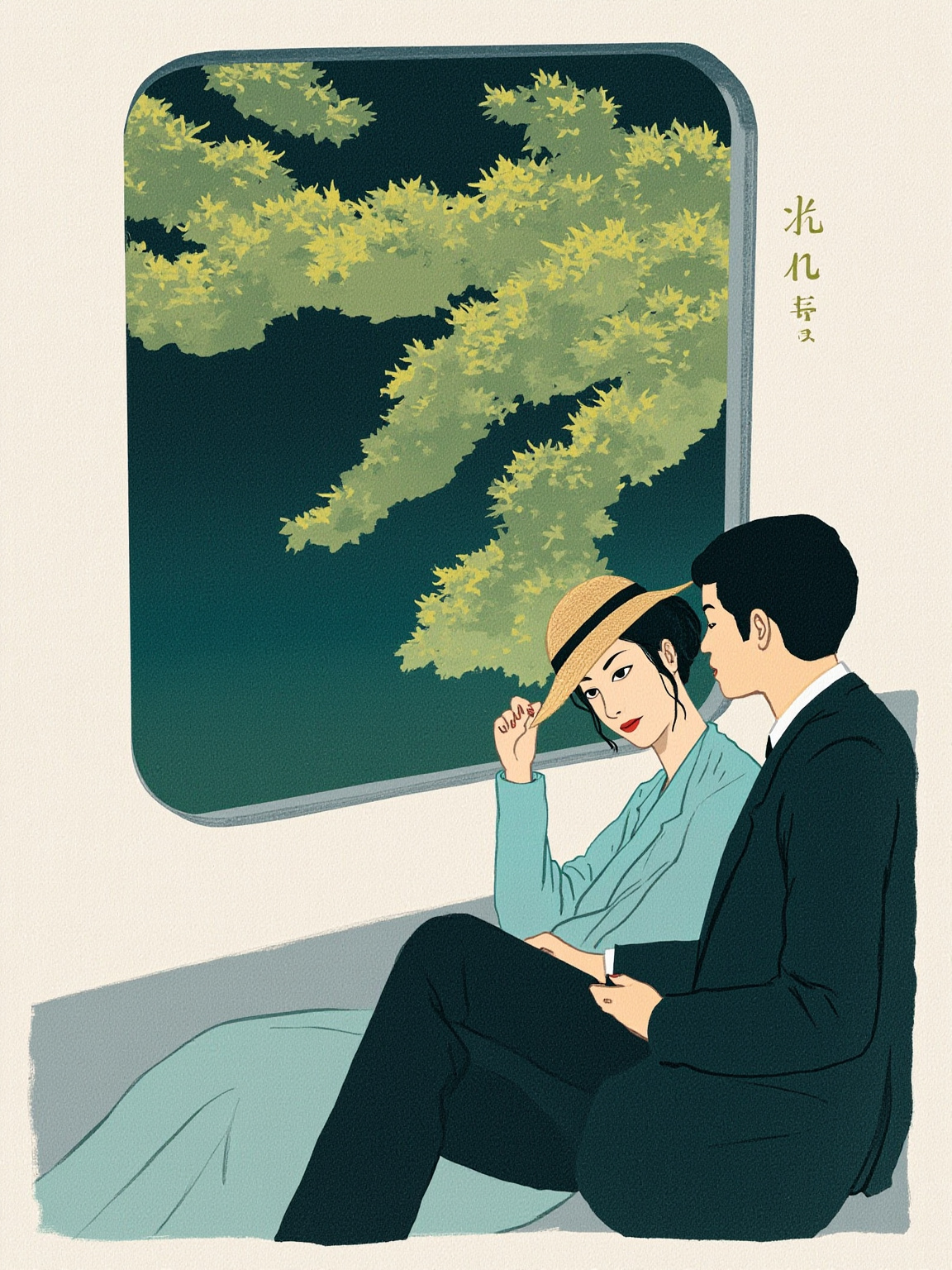 明治末年卧铺车厢内的夜景——昏暗的灯光下，一位穿西装的青年侧身躺着，对面坐着一位戴帽的陌生女子，车窗玻璃映出黑色的隧道轮廓