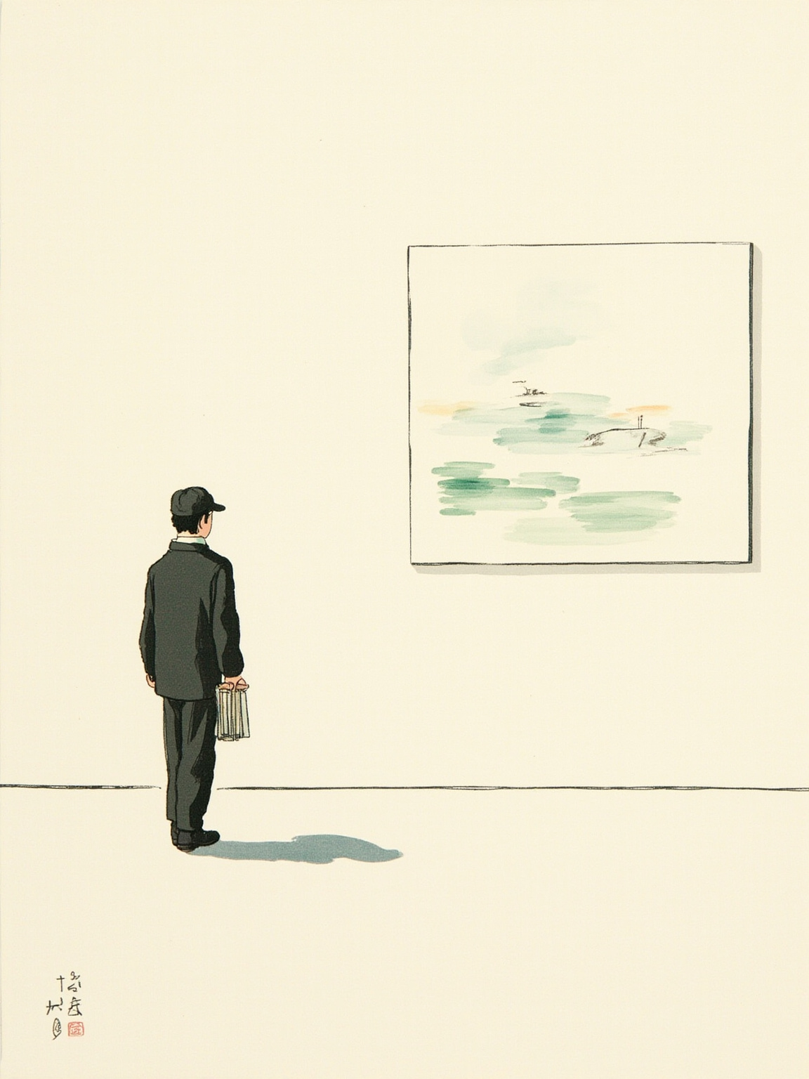 美术馆展厅内——米白色墙壁上挂着一幅年轻女子的半身肖像油画，画前站着一个戴学生帽的青年，他的影子被斜射进来的下午阳光拉得很长