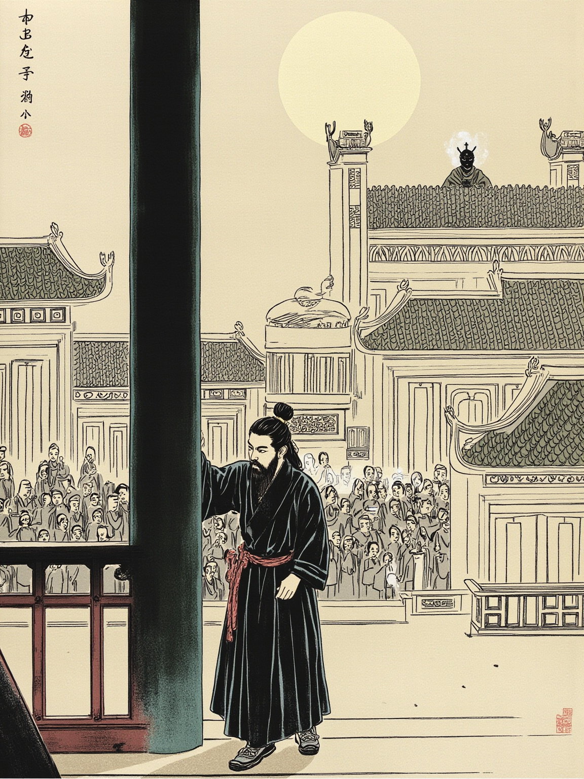 北宋开封府衙院中，展昭一身夜行装束立于回廊柱旁，身后是红灯笼与公案文案，远处包拯的黑面身影端坐堂上，光从侧上方打下来，展昭半张脸在明半张脸在暗