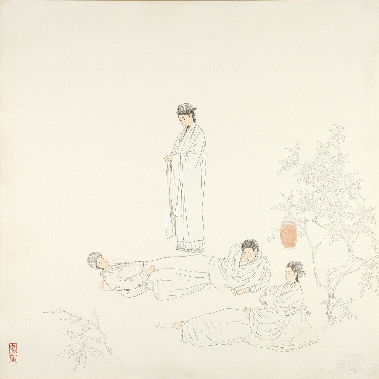 夏日山阴竹林深处,七位长衫文人散坐于石上与竹榻之间:有人抱琴,有人持杯斜倚,有人闭目仰天作长啸状;竹影碎光落满衣襟,远处炊烟与飞鸟点缀其间。