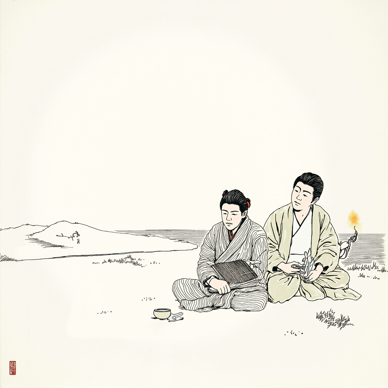 一座空荡的刑场旁,无人;唯有一张旧琴搁在断木案上,琴弦已断其一,案前香炉残烟犹升;天色昏黄,远处宫墙如黛。